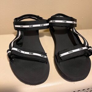 Stylish Black Sandals with Pink Logo Straps